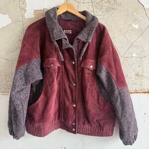 Vtg 80s Bomber Jacket Suede Leather Wool Tweed Burgundy Patchwork Womens L Retro
